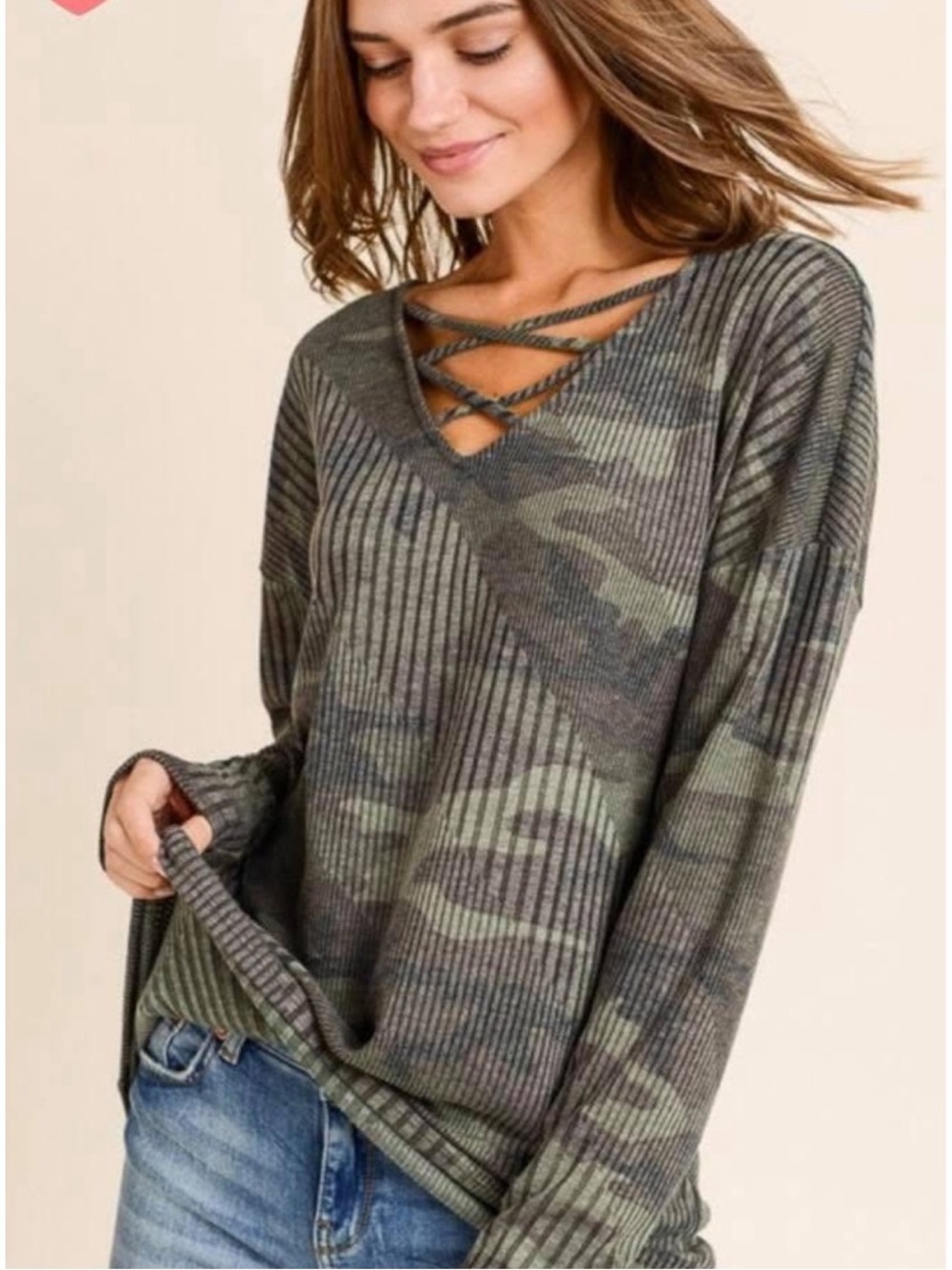 First Love by Lovelyn olive green camo ribbed long sleeve top - Picture 1 of 6